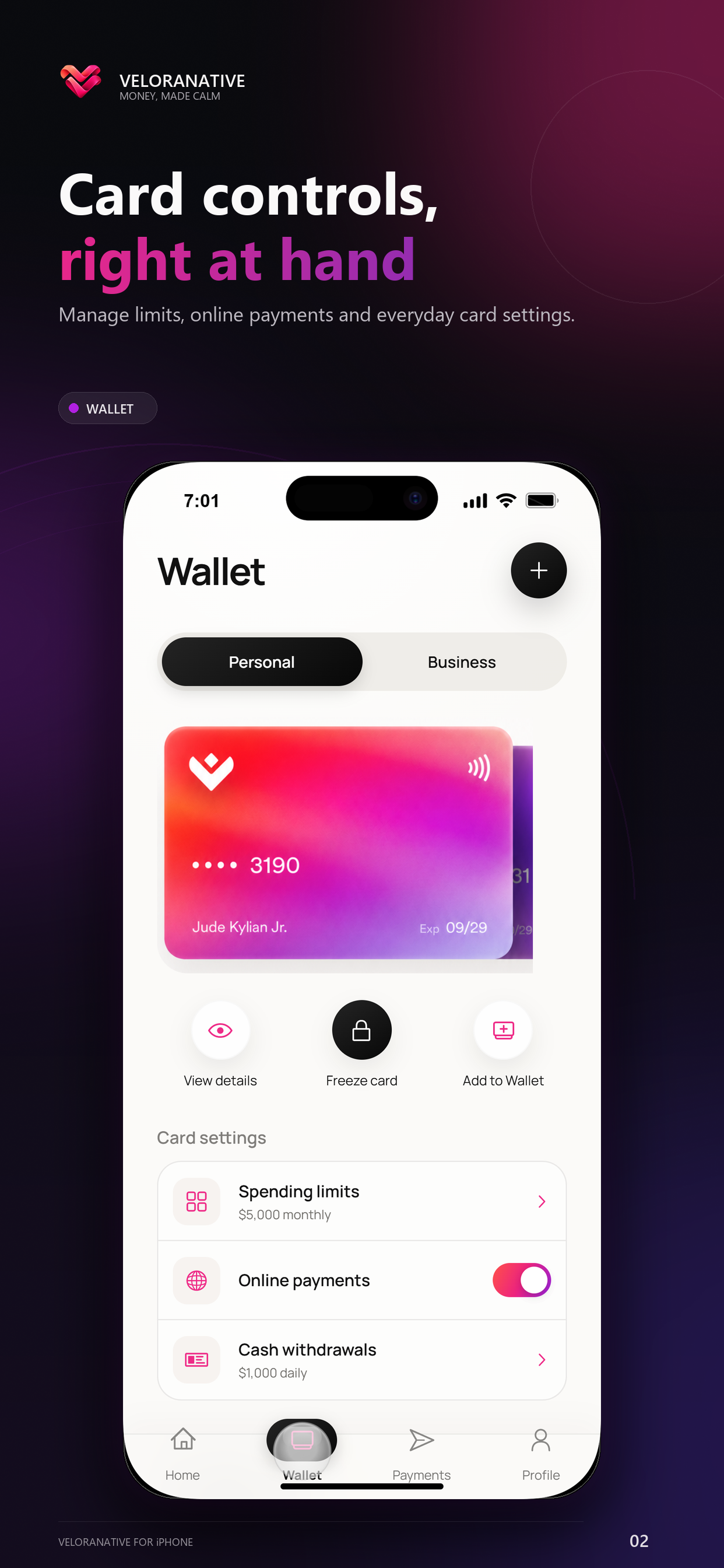 VeloraNative wallet and card controls