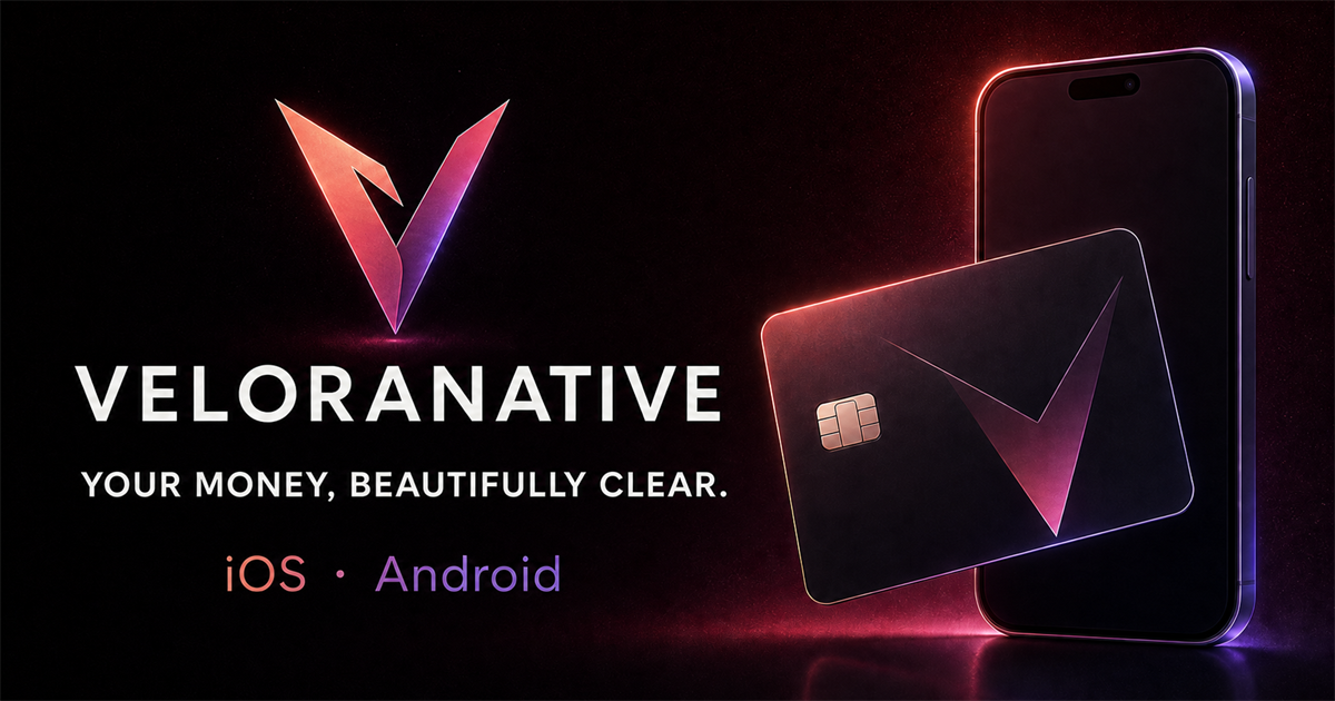 VeloraNative dark brand card and phone